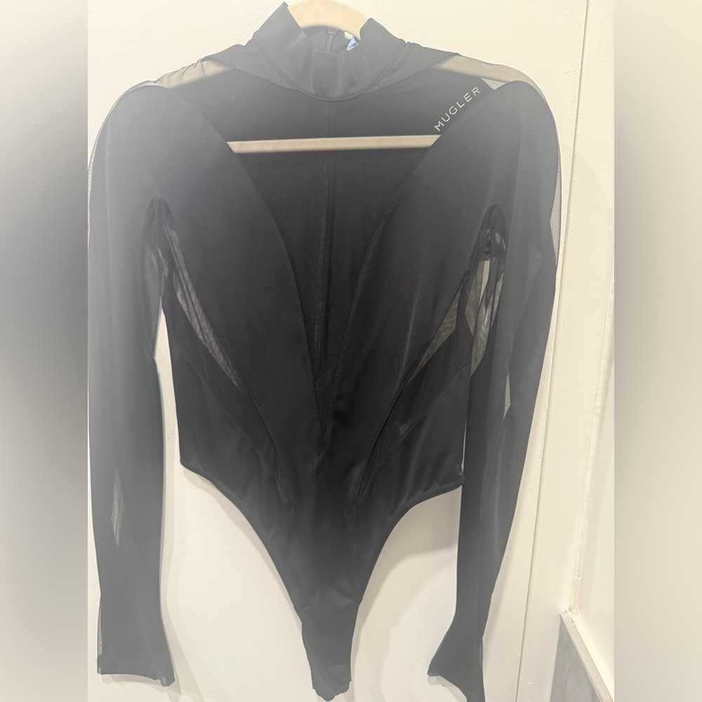 Mugler Black Mesh-Inset Zip-Front Long Sleeve Bodysuit
